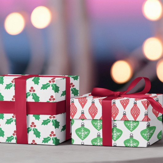 Groene Roode Hulst Kerstbal  Inpakpapier Vel