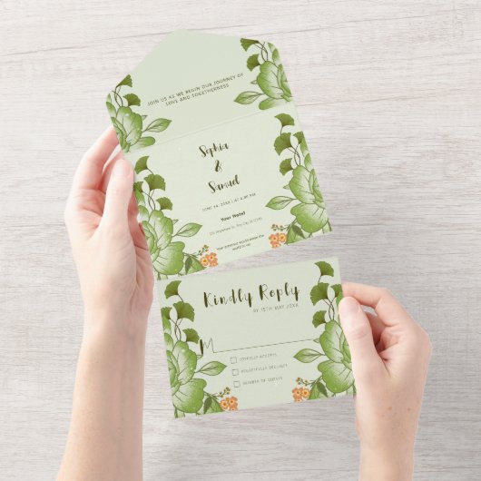 Groene Roos Bloemachtig Trouwthema All In One Uitnodiging (Afscheurbaar)