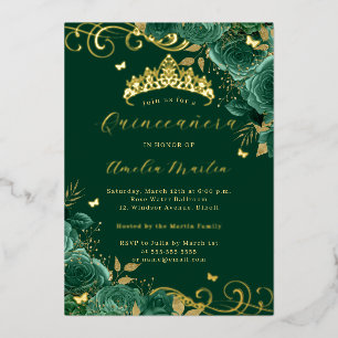 Groene Roos Bloemige Gouden Swirl Quinceanera   Folie Uitnodiging