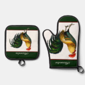 Groene  Rooster Gepersonaliseerde monogram naam Ovenwant & Pannenlap Set (Voorkant)