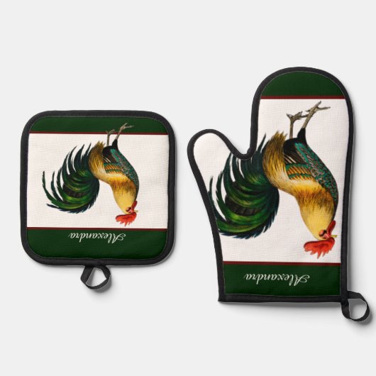 Groene  Rooster Gepersonaliseerde monogram naam Ovenwant & Pannenlap Set (Voorkant)
