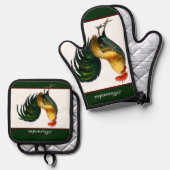 Groene  Rooster Gepersonaliseerde monogram naam Ovenwant & Pannenlap Set (Voorkant / Achterkant)
