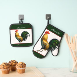 Groene  Rooster Gepersonaliseerde monogram naam Ovenwant & Pannenlap Set