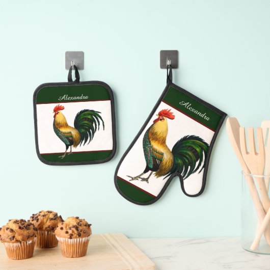 Groene  Rooster Gepersonaliseerde monogram naam Ovenwant & Pannenlap Set (Insitu(Ophanging))