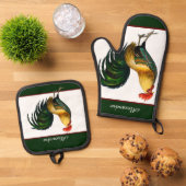 Groene  Rooster Gepersonaliseerde monogram naam Ovenwant & Pannenlap Set (Top down)