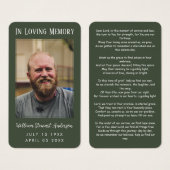 Groene rouwkaart met foto en herdenking en gebed visitekaartje (Voorkant /achterkant)