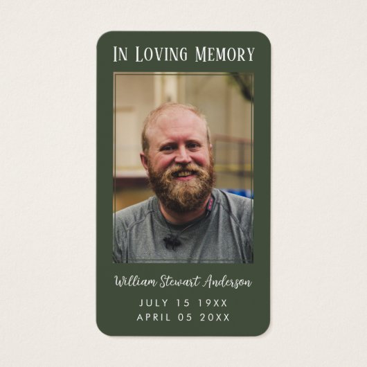 Groene rouwkaart met foto en herdenking en gebed visitekaartje (Voorkant)