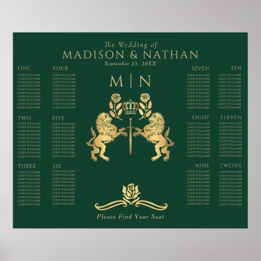 Groene Royal Lion Gold Wedding Zitting Grafiek Poster (Voorkant)