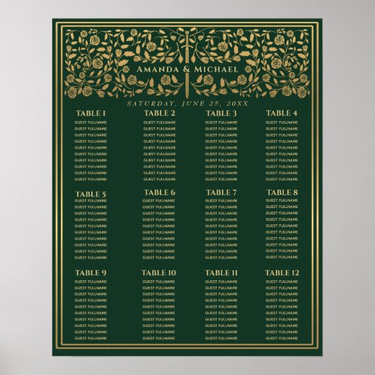 Groene Royal Medieval Sword Wedding Seding Chart Poster (Voorkant)