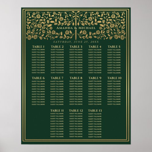 Groene Royal Medieval Sword Wedding Seding Chart Poster (Voorkant)