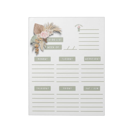 Groene Roze Beige Bloemige Boho Weekplanner Pagina Notitieblok (Linkerzijde)