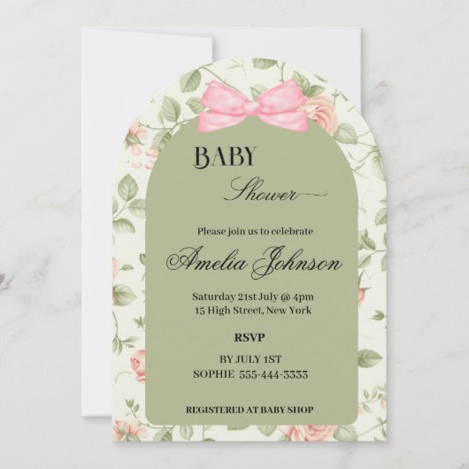 Groene Roze Bloem & Boog Meisje Baby shower Kaart (Voorkant)