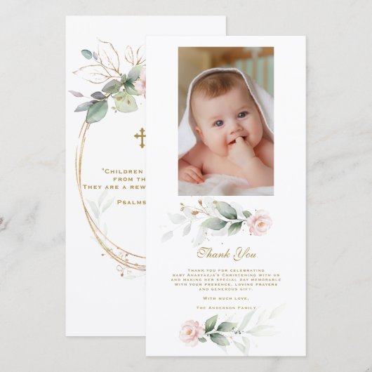 Groene Roze Bloem Gouden Foto Doopfeest  Bedankkaart (Voorkant / Achterkant)