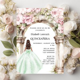 Groene roze bloemboog jurk Quinceanera Uitnodiging Briefkaart