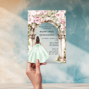 Groene roze bloemen boog jurk Quinceanera Acryl Uitnodigingen