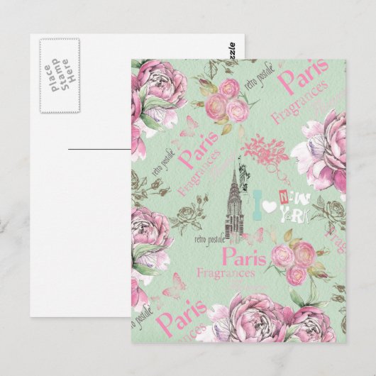  groene roze bloemen collage typografie briefkaart (Voorkant / Achterkant)