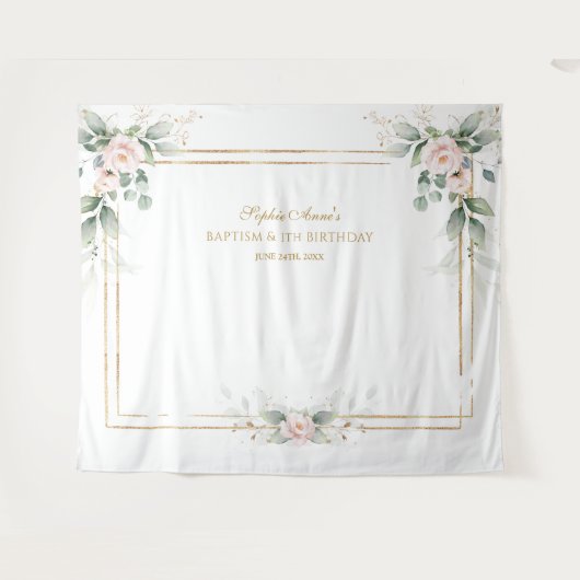 Groene Roze Bloemen Prop Doop 1e Verjaardag Wandkleed (Voorkant (horizontaal))