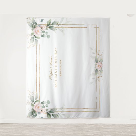 Groene Roze Bloemen Prop Doop 1e Verjaardag  Wandkleed (Voorkant)