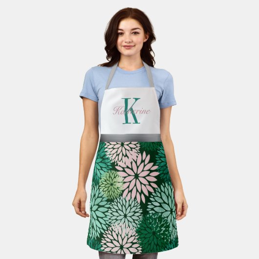 Groene roze dahlia monogram op maat schort (Gedragen)