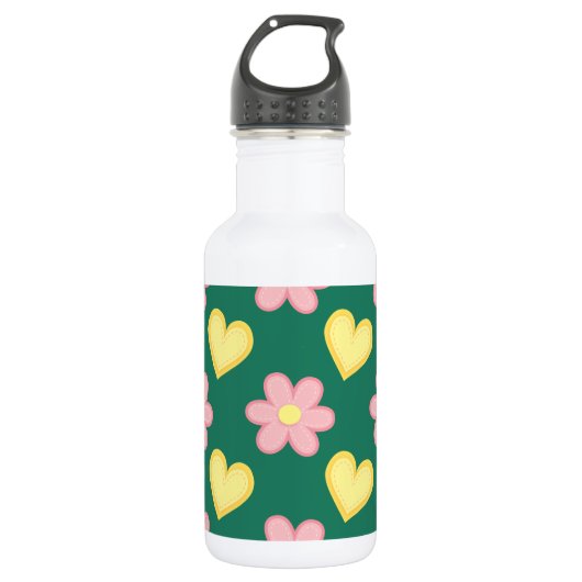 Groene, roze en gele gestikte harten & bloemen waterfles  (Voorkant)