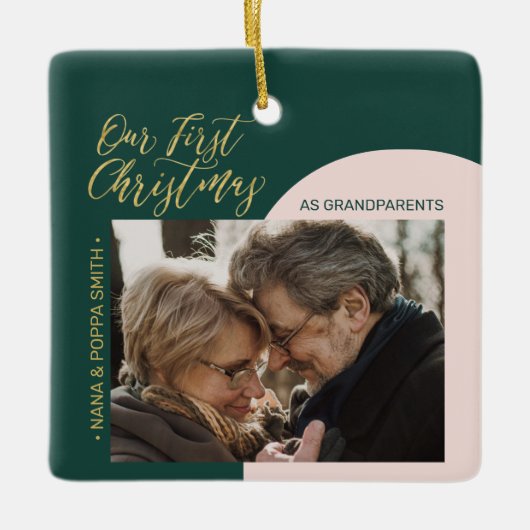 Groene, roze en gouden, moderne eerste kerstfoto keramisch ornament (Voorkant)