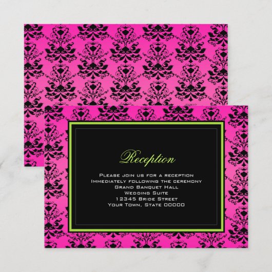 Groene Roze en Zwarte Damast Trouwreceptiekaart Informatiekaartje (Voorkant / Achterkant)