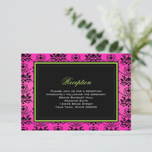 Groene Roze en Zwarte Damast Trouwreceptiekaart Informatiekaartje (Staand voorkant)