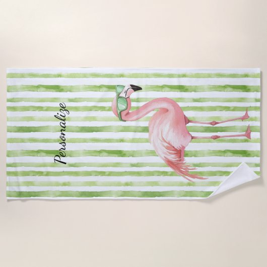 Groene Roze Flamingo   Strandlaken (Voorkant)