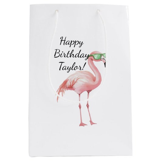 Groene Roze Flamingo Verjaardag Medium Cadeauzakje (Voorkant)
