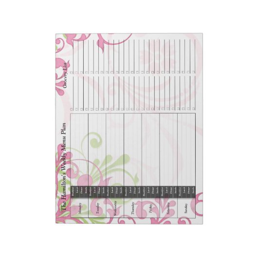 Groene roze Floral Weekly Personalized Meal Planne Notitieblok (Linkerzijde)