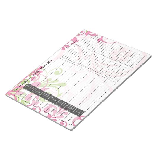 Groene roze Floral Weekly Personalized Meal Planne Notitieblok (Schuin)