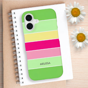 Groene Roze & Gele Strepen Monogram Hoesje iPhone 16 Hoesje