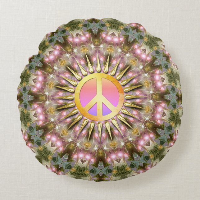 Groene Roze Genezende Licht Vrede Mandala Rond Kussen (Voorkant)