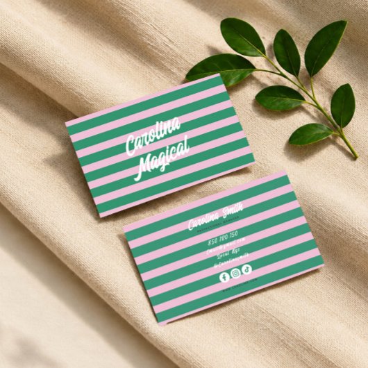 Groene roze gestreepte script Visitekaartje