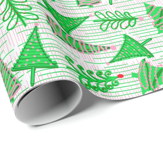 Groene roze kerstbomen cadeaupapier (Rol Hoek)