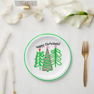 Groene roze kerstbomen papieren bordje