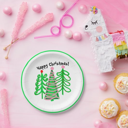 Groene roze kerstbomen papieren bordje (Feest)