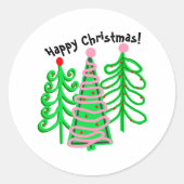 Groene roze kerstbomen ronde sticker (Voorkant)