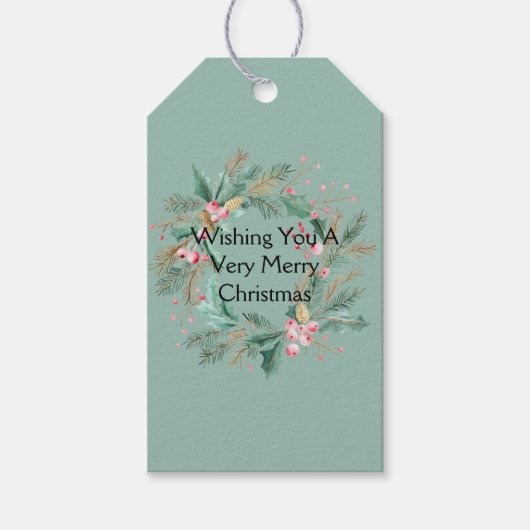 Groene Roze Kerstkrans Cadeaulabel (Voorkant)