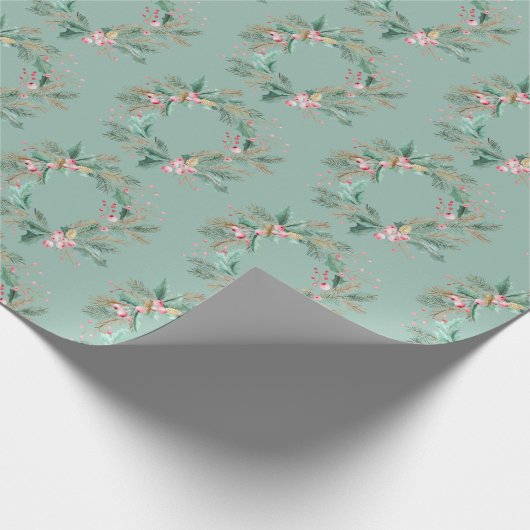 Groene Roze Kerstkrans Cadeaupapier (Hoek)