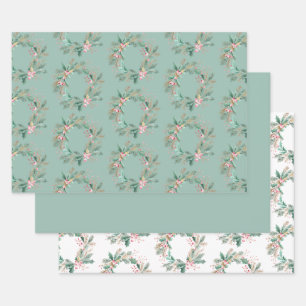 Groene Roze Kerstkrans Inpakpapier Vel