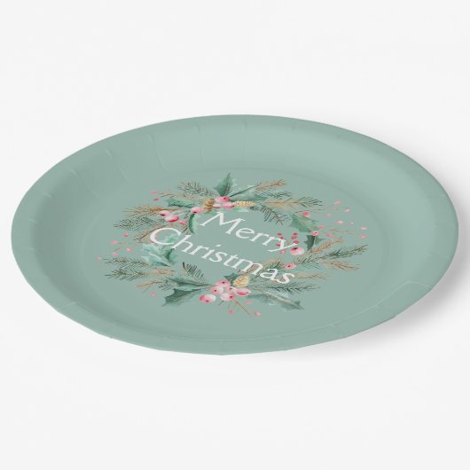 Groene Roze Kerstkrans Papieren Bordje (Gekanteld)