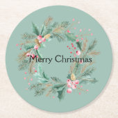 Groene Roze Kerstkrans Ronde Kartonnen Onderzetter (Voorkant)