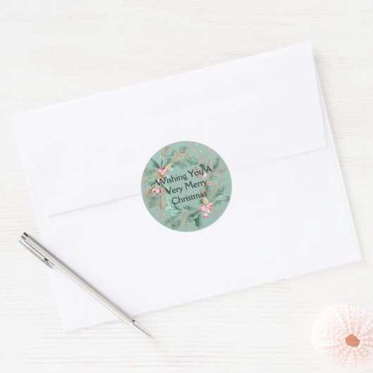 Groene Roze Kerstkrans Ronde Sticker (Envelop)