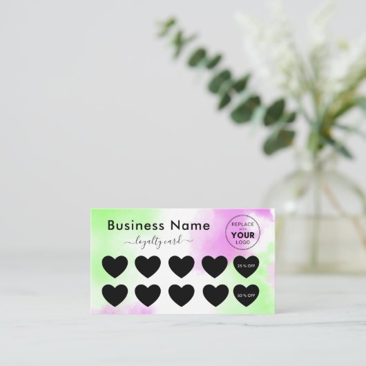 Groene roze kleurstof Voeg een minimale korting op Klantenkaartje (Staand voorkant)