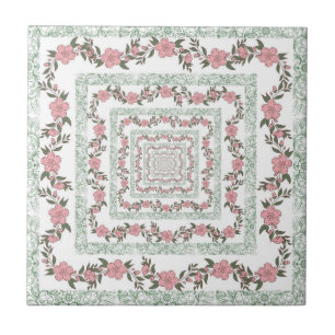 Groene Roze Rand Retro Y2K 70er Bloem Patroon Tegeltje