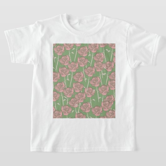 Groene Roze Roos Retro Y2K 70s Bloem Patroon T-shirt (Laagn)