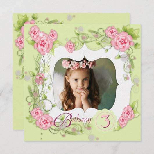 Groene Roze Rose Meisjes 3e Verjaardagsfeest Kaart (Voorkant / Achterkant)
