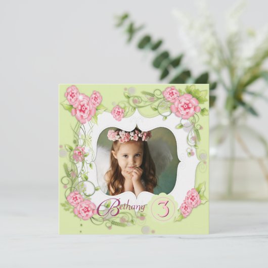 Groene Roze Rose Meisjes 3e Verjaardagsfeest Kaart (Staand voorkant)