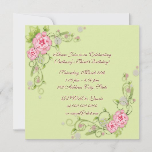 Groene Roze Rose Meisjes 3e Verjaardagsfeest Kaart (Achterkant)